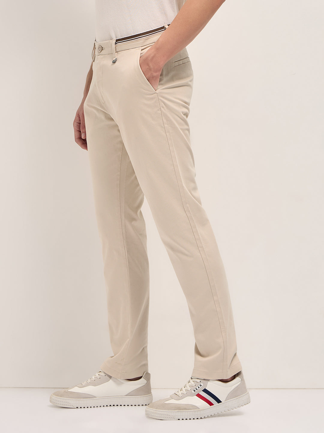Cream Straight Fit Casual Trousers with Contrast Striped Waistband