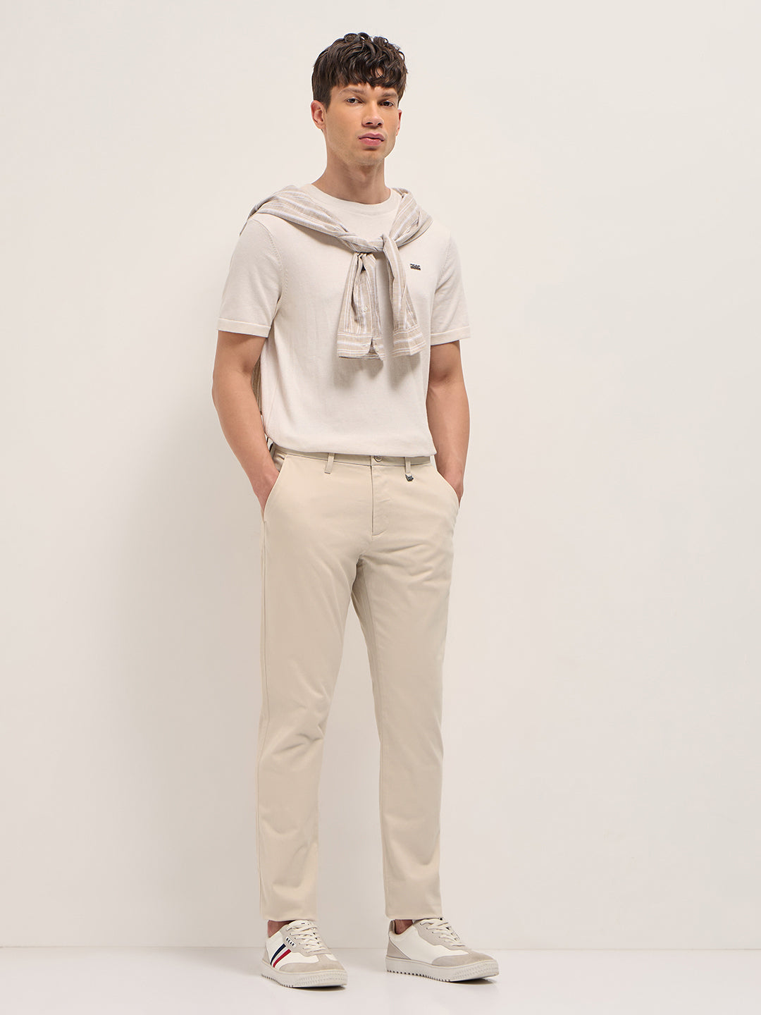 Cream Straight Fit Casual Trousers with Contrast Striped Waistband