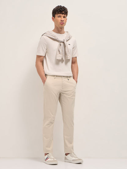 Cream Straight Fit Casual Trousers with Contrast Striped Waistband