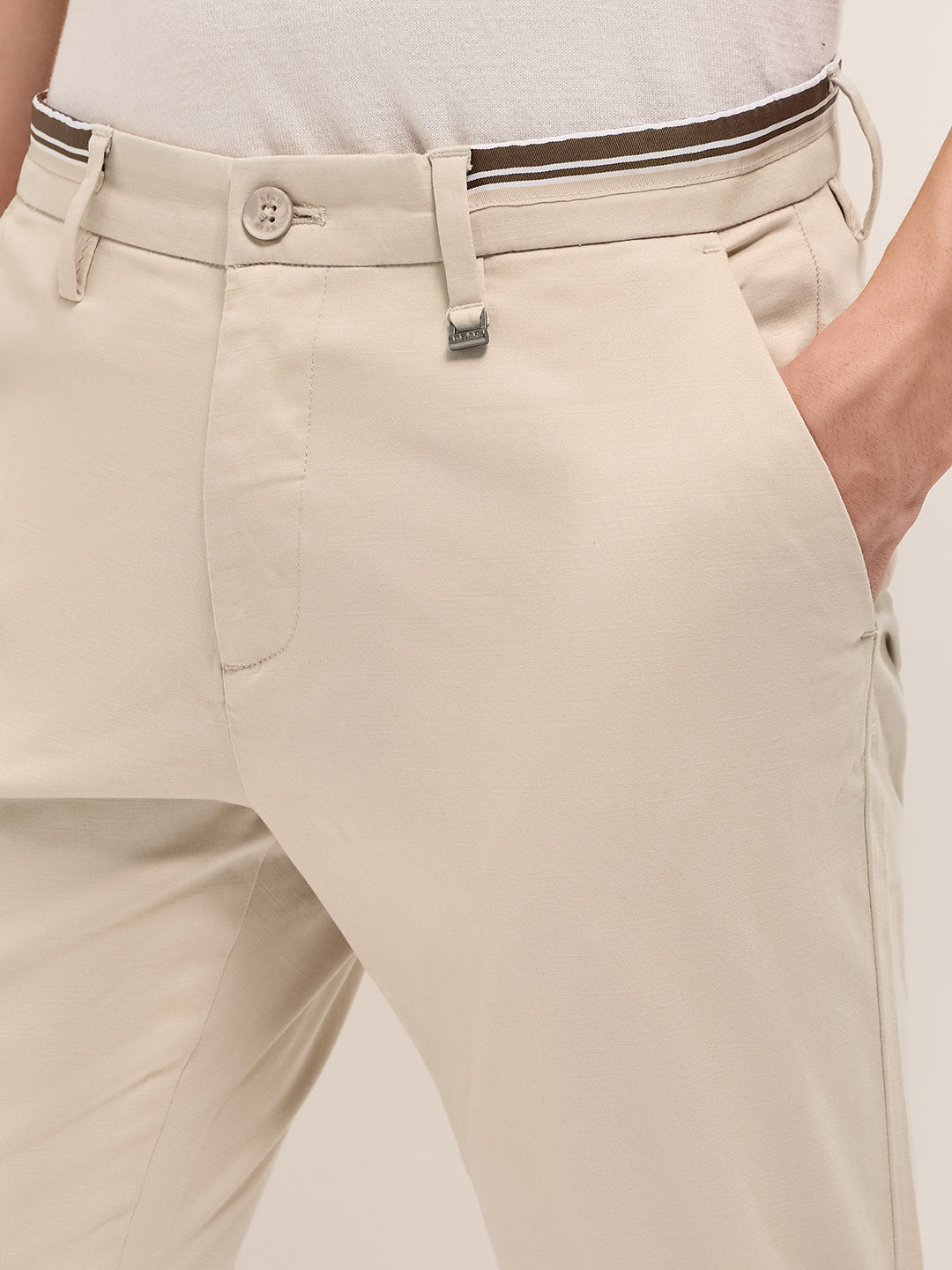 Cream Straight Fit Casual Trousers with Contrast Striped Waistband