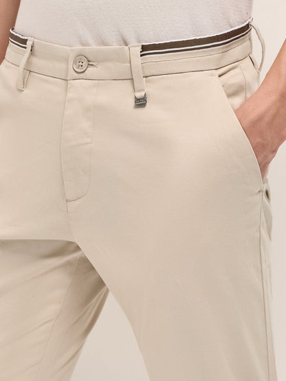 Cream Straight Fit Casual Trousers with Contrast Striped Waistband