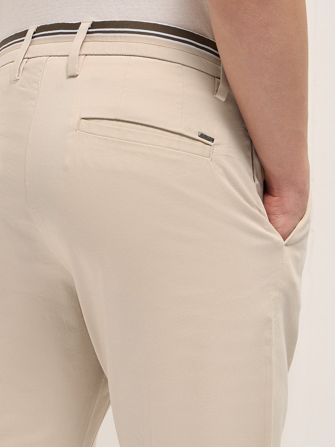 Cream Straight Fit Casual Trousers with Contrast Striped Waistband