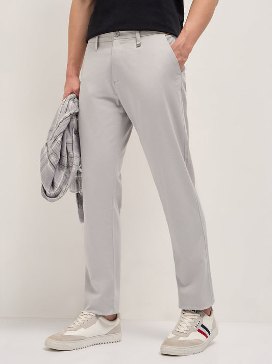 Grey Straight Fit Casual Trousers with Contrast Striped Waistband
