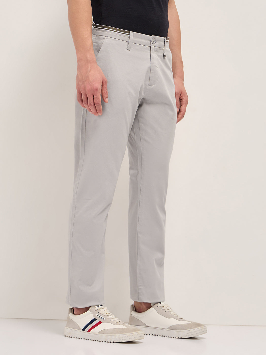 Grey Straight Fit Casual Trousers with Contrast Striped Waistband