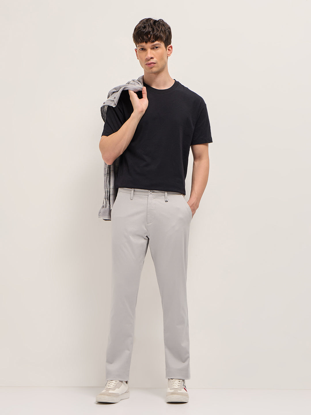 Grey Straight Fit Casual Trousers with Contrast Striped Waistband