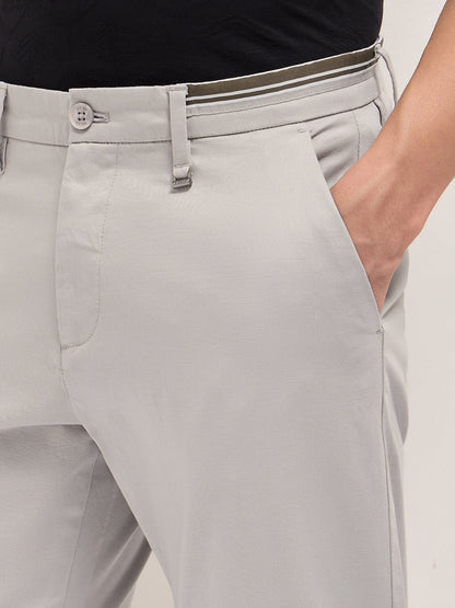 Grey Straight Fit Casual Trousers with Contrast Striped Waistband