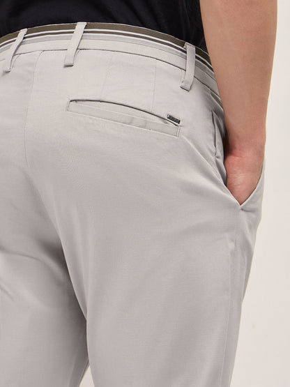 Grey Straight Fit Casual Trousers with Contrast Striped Waistband