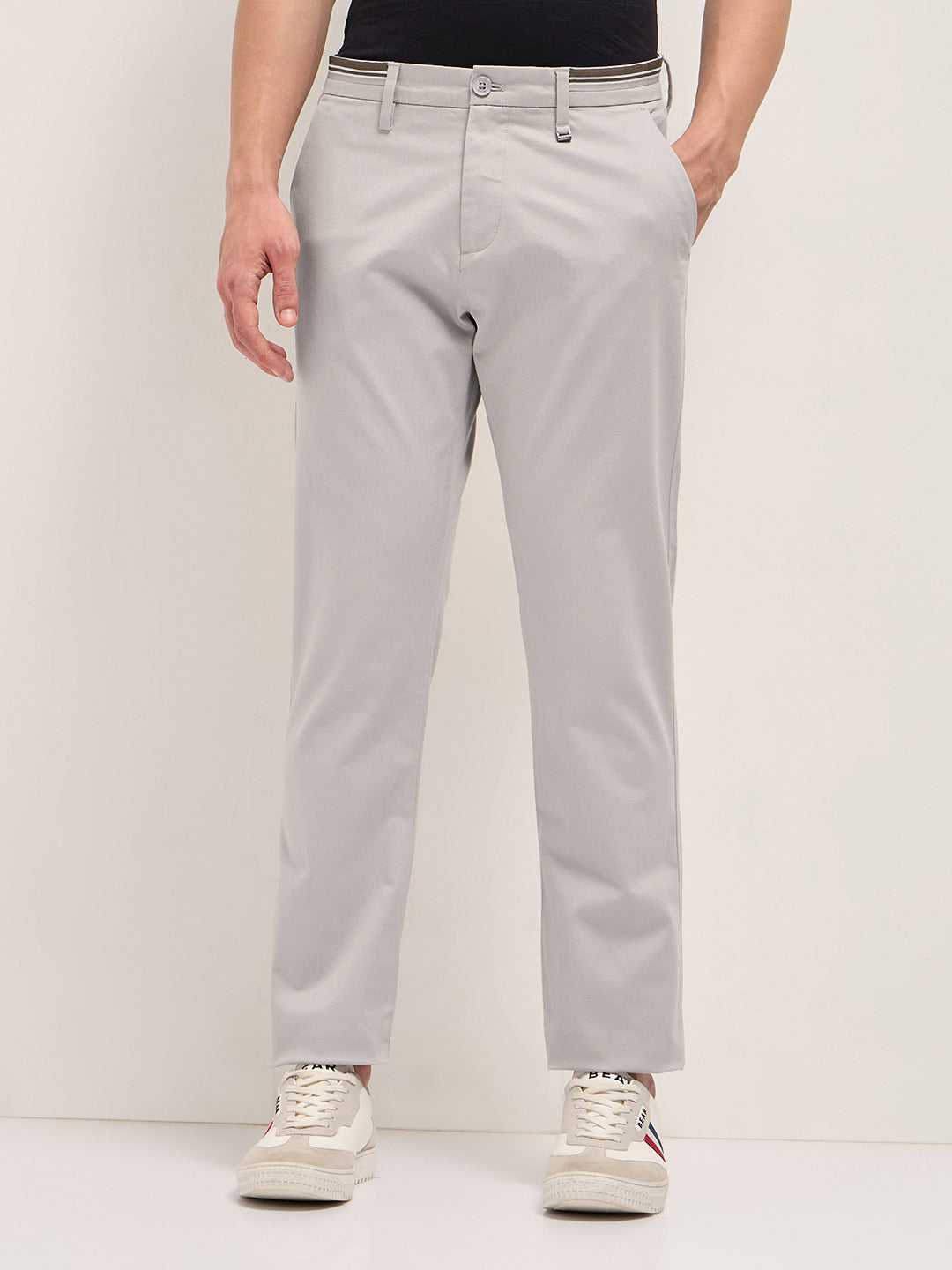 Grey Straight Fit Casual Trousers with Contrast Striped Waistband