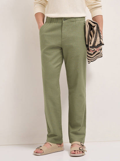 Green Textured Straight Fit Casual Trousers with an Elasticated Waistband