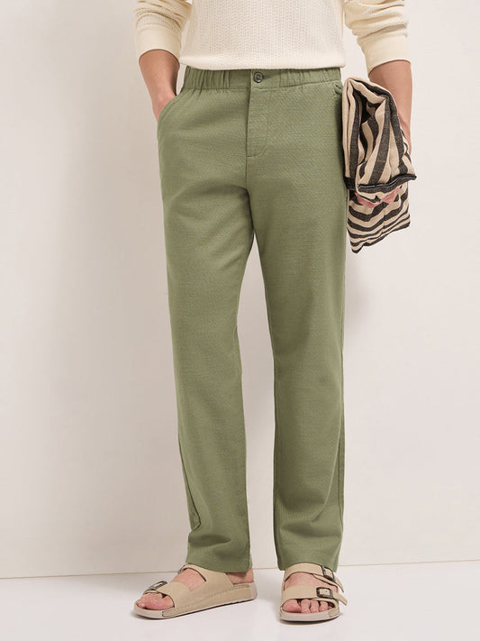 Green Textured Straight Fit Casual Trousers with an Elasticated Waistband
