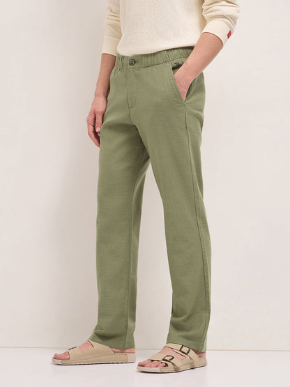 Green Textured Straight Fit Casual Trousers with an Elasticated Waistband