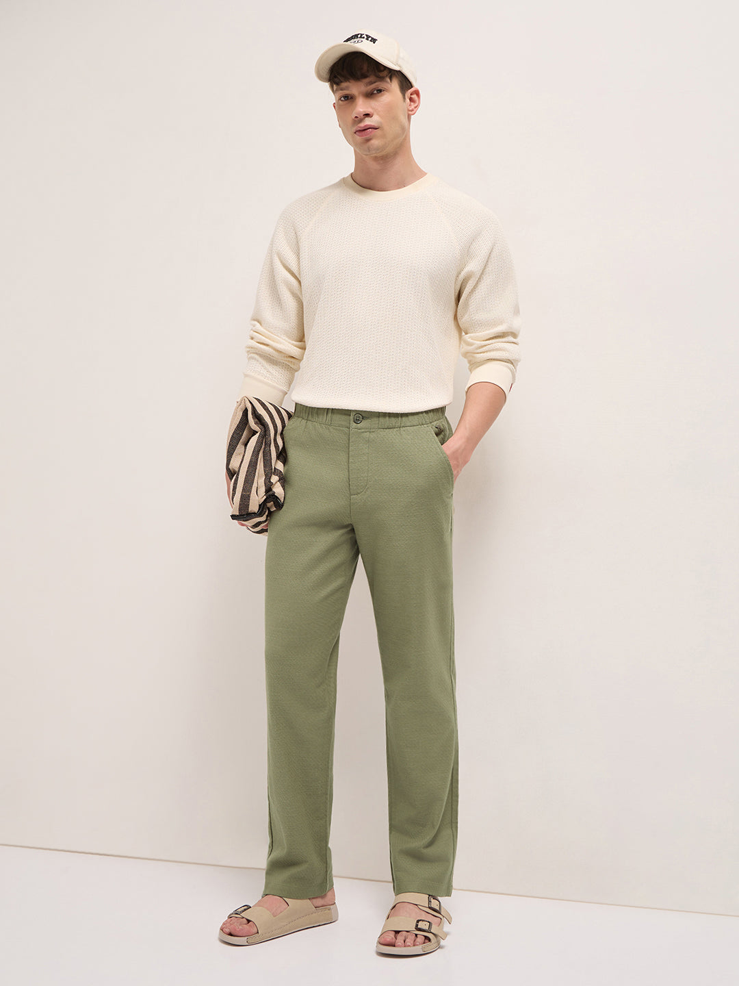 Green Textured Straight Fit Casual Trousers with an Elasticated Waistband