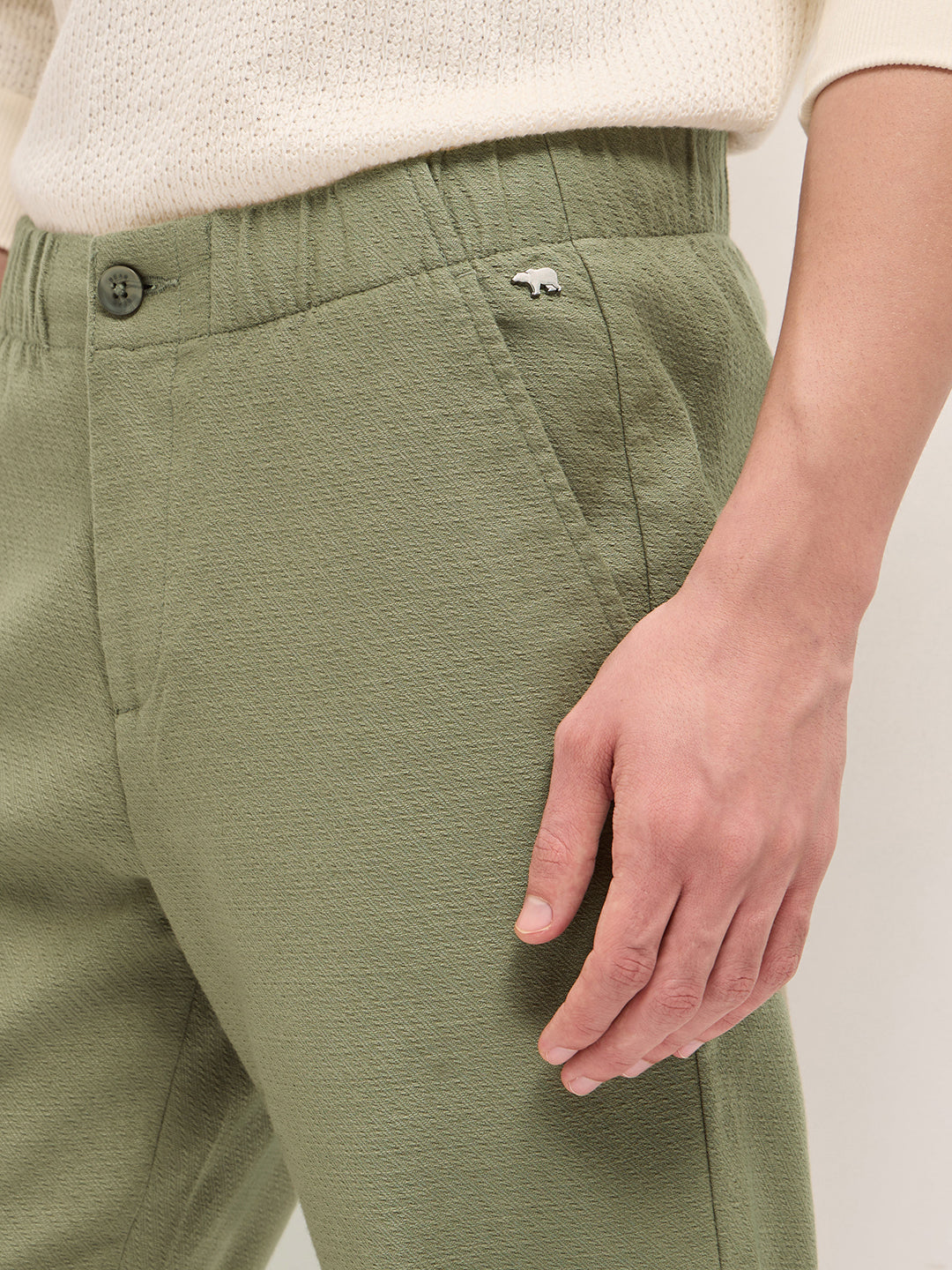 Green Textured Straight Fit Casual Trousers with an Elasticated Waistband