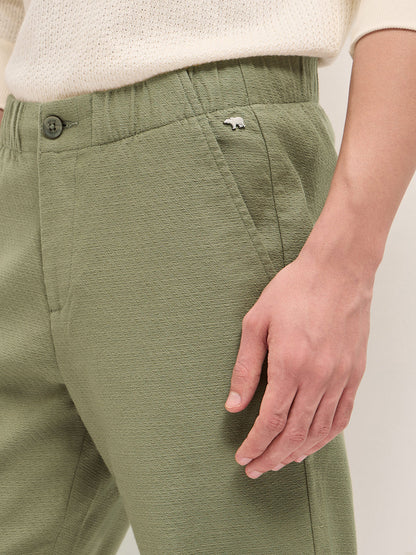 Green Textured Straight Fit Casual Trousers with an Elasticated Waistband
