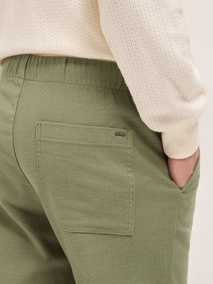 Green Textured Straight Fit Casual Trousers with an Elasticated Waistband