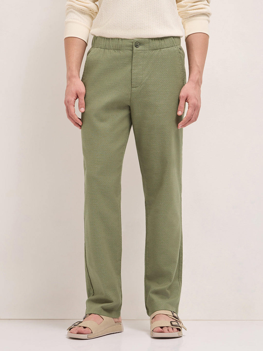 Green Textured Straight Fit Casual Trousers with an Elasticated Waistband