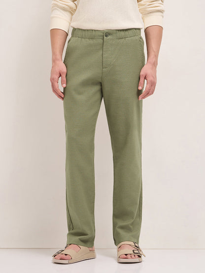 Green Textured Straight Fit Casual Trousers with an Elasticated Waistband
