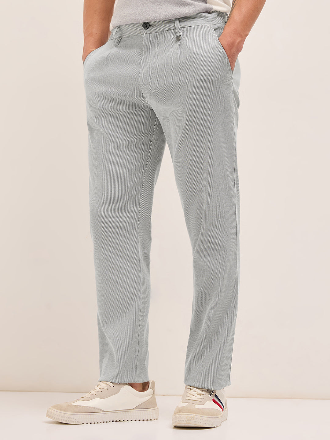 Black and White Pinstriped Straight Fit Casual Trousers