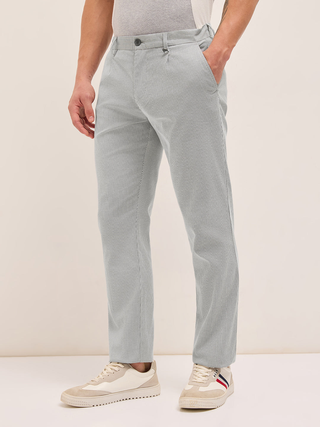 Black and White Pinstriped Straight Fit Casual Trousers