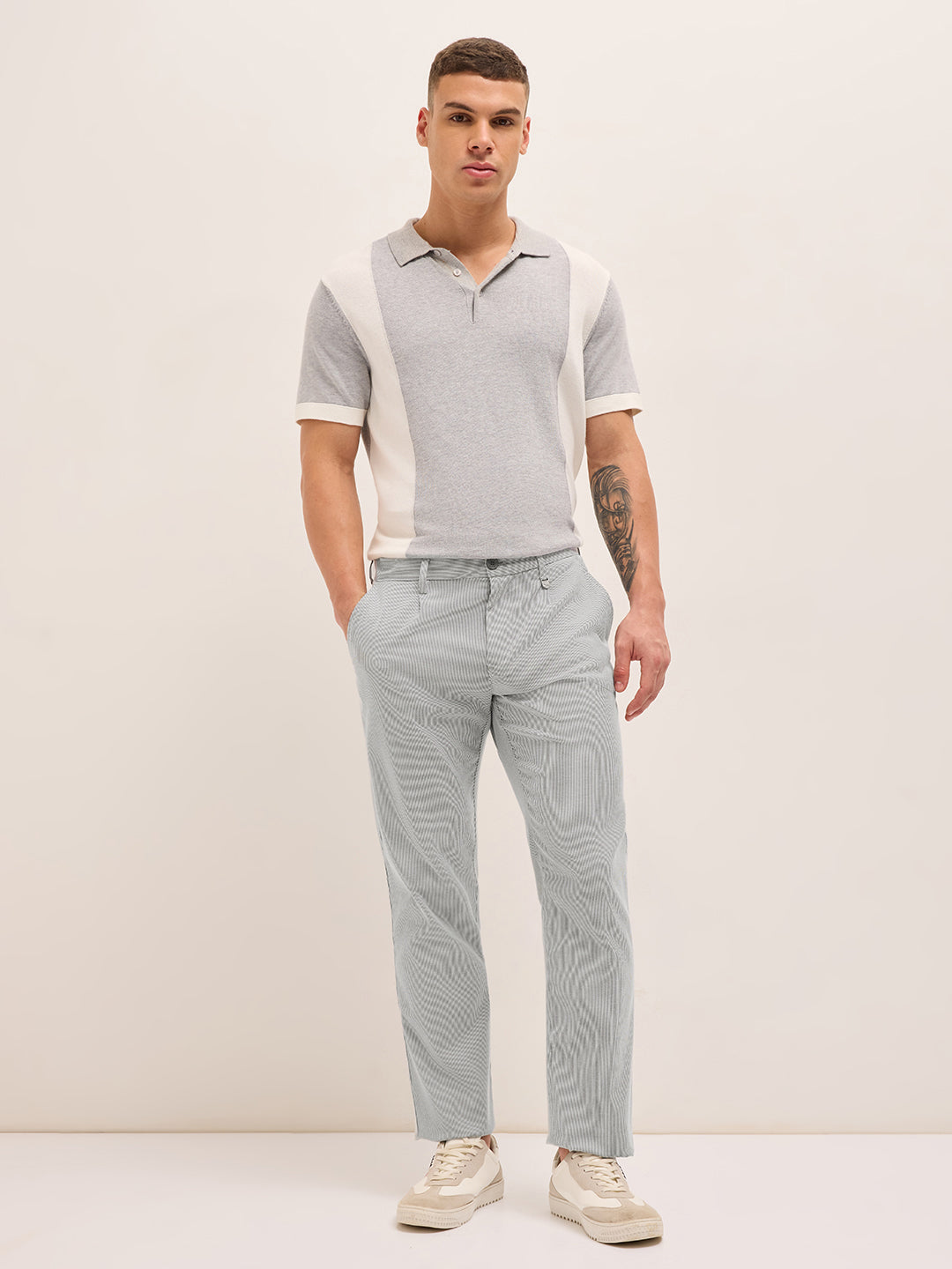 Black and White Pinstriped Straight Fit Casual Trousers