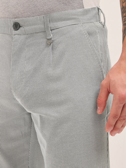 Black and White Pinstriped Straight Fit Casual Trousers