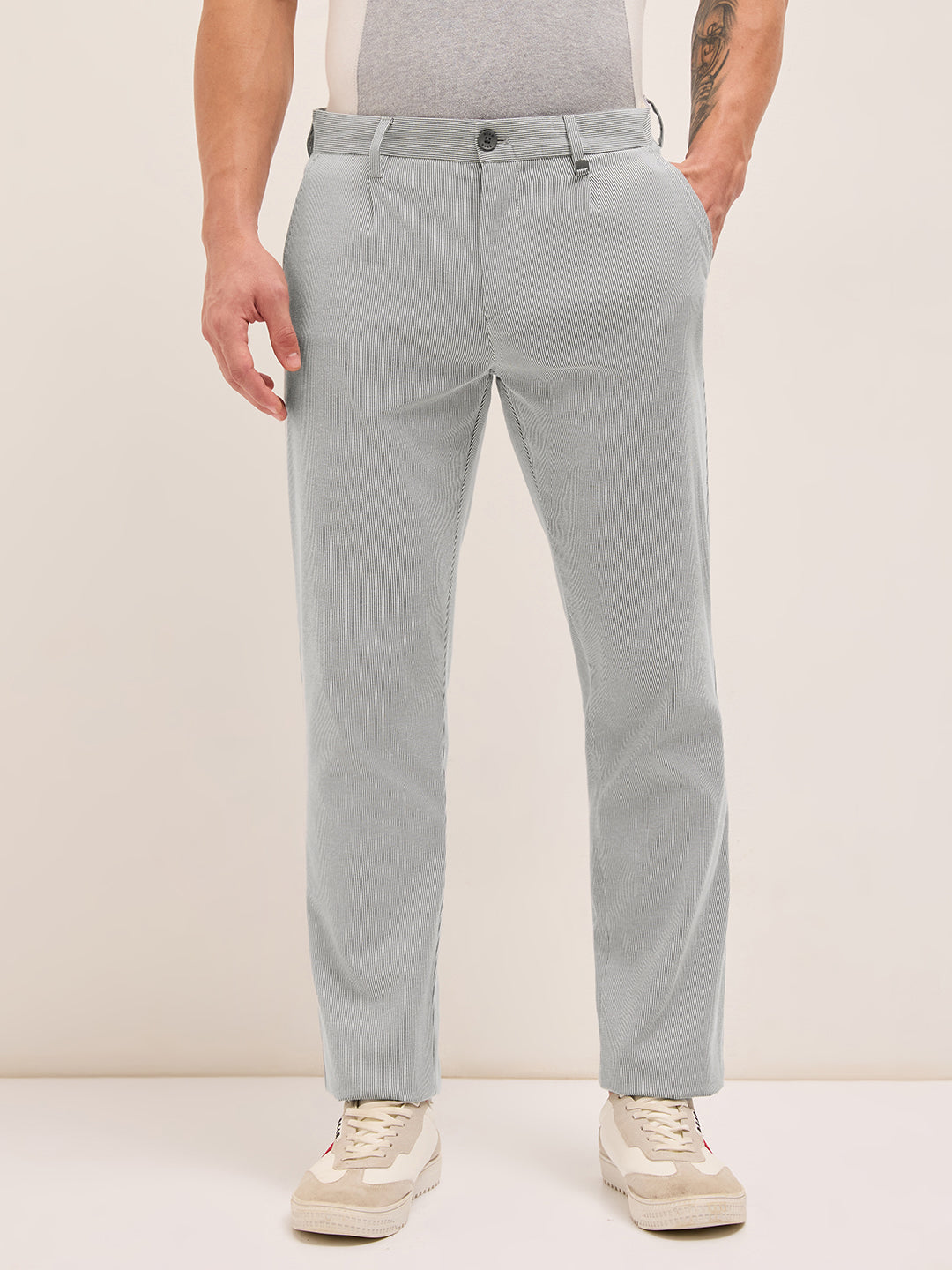 Black and White Pinstriped Straight Fit Casual Trousers