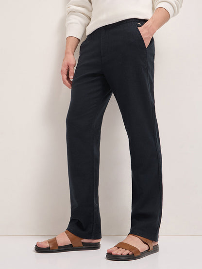 Dark Blue Textured Straight Fit Casual Trousers with an Elasticated Waistband