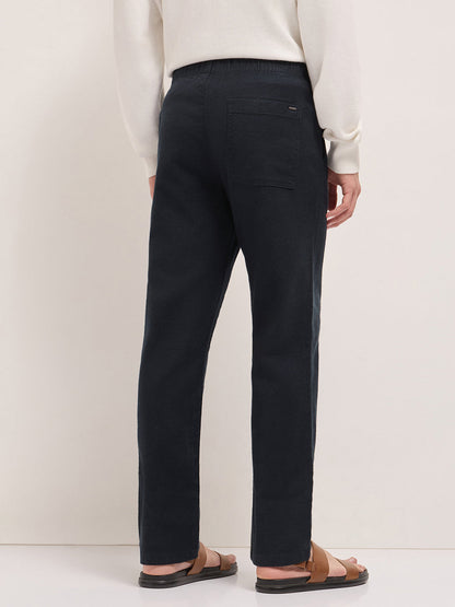 Dark Blue Textured Straight Fit Casual Trousers with an Elasticated Waistband