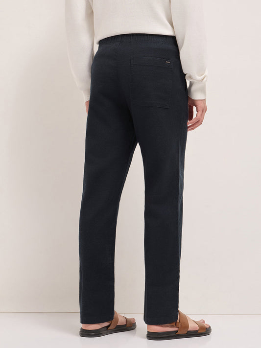 Dark Blue Textured Straight Fit Casual Trousers with an Elasticated Waistband