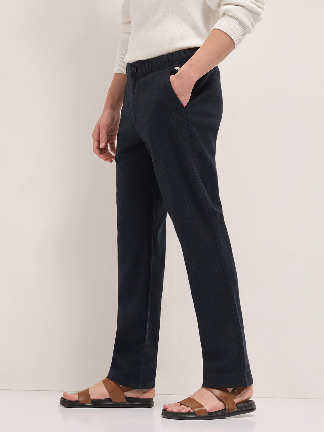 Dark Blue Textured Straight Fit Casual Trousers with an Elasticated Waistband