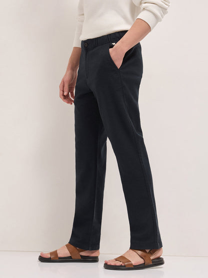 Dark Blue Textured Straight Fit Casual Trousers with an Elasticated Waistband