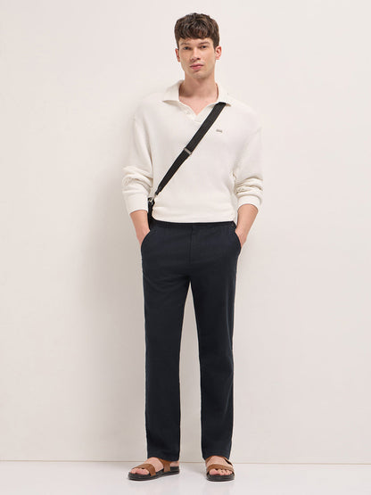 Dark Blue Textured Straight Fit Casual Trousers with an Elasticated Waistband