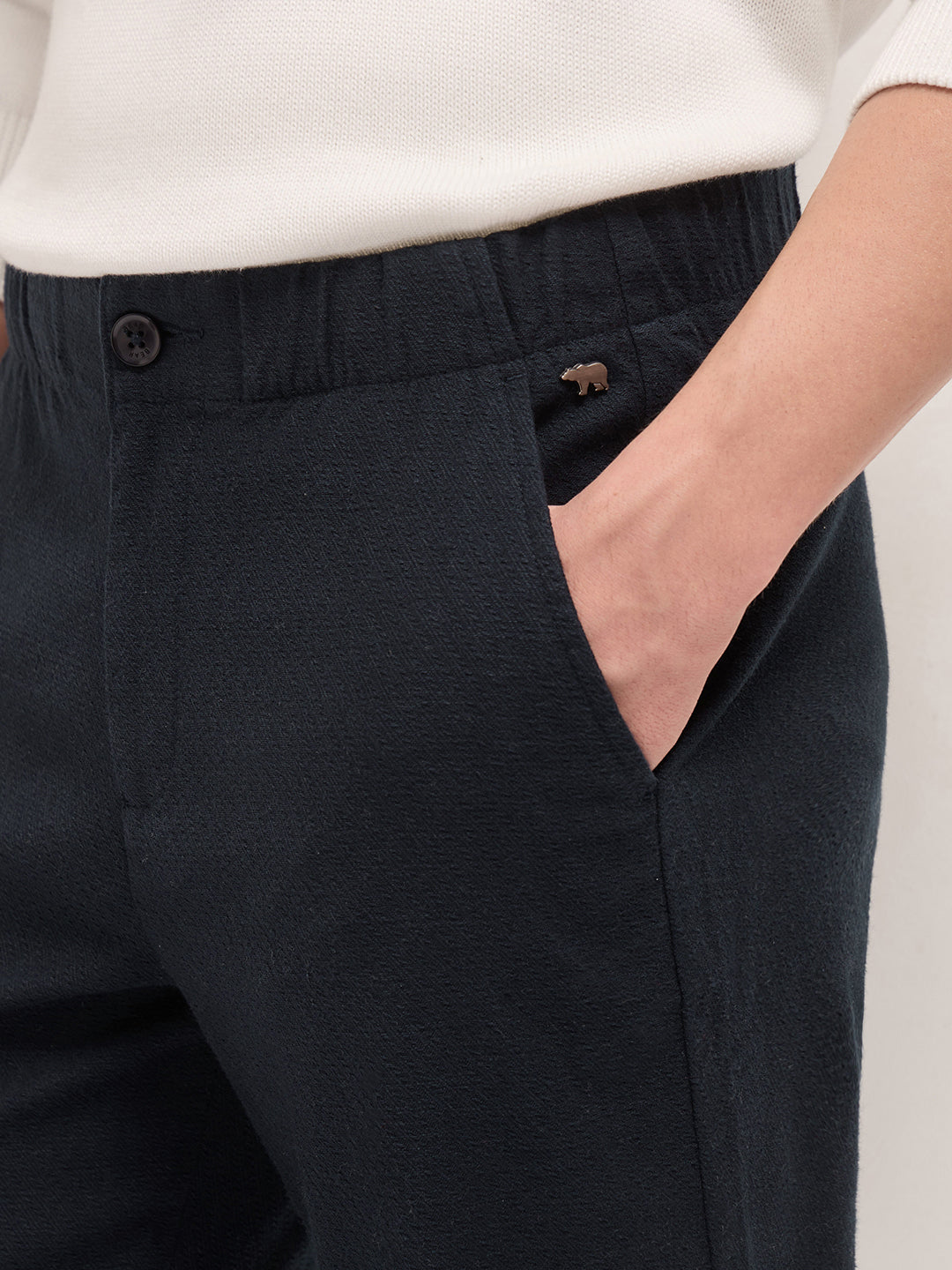 Dark Blue Textured Straight Fit Casual Trousers with an Elasticated Waistband