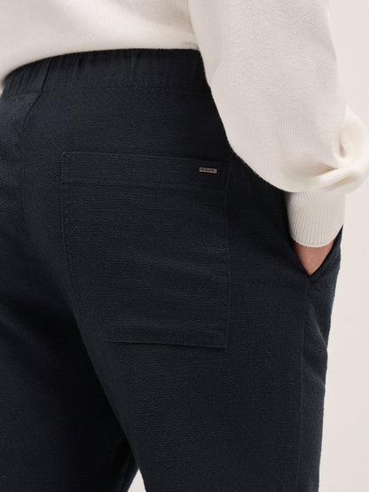 Dark Blue Textured Straight Fit Casual Trousers with an Elasticated Waistband