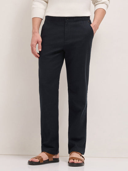 Dark Blue Textured Straight Fit Casual Trousers with an Elasticated Waistband