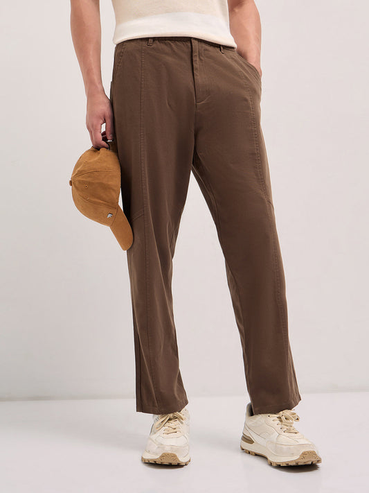 Brown Solid Baggy Fit Casual Trouser with Centre line Detail