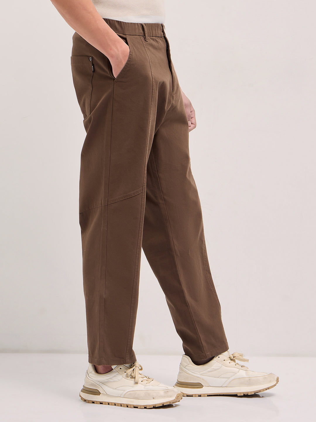 Brown Solid Baggy Fit Casual Trouser with Centre line Detail