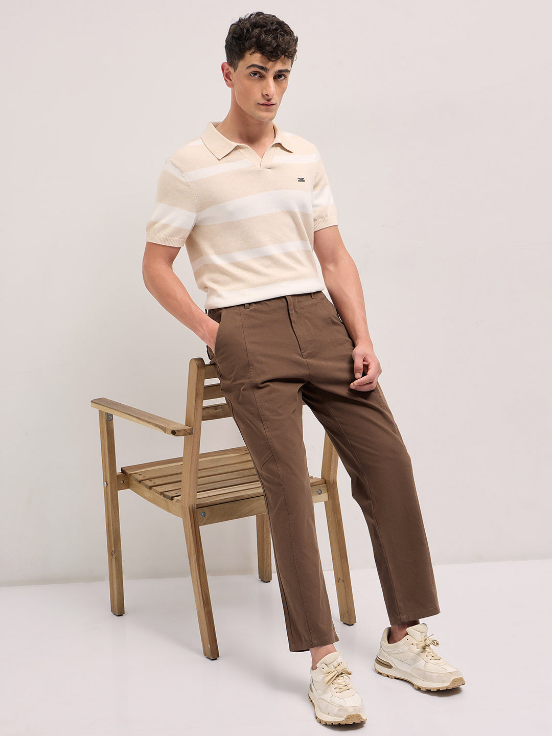Brown Solid Baggy Fit Casual Trouser with Centre line Detail