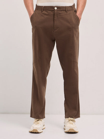 Brown Solid Baggy Fit Casual Trouser with Centre line Detail