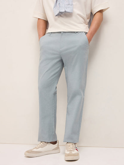 Blue Solid Straight Fit Casual Trousers with Hidden Drawstring