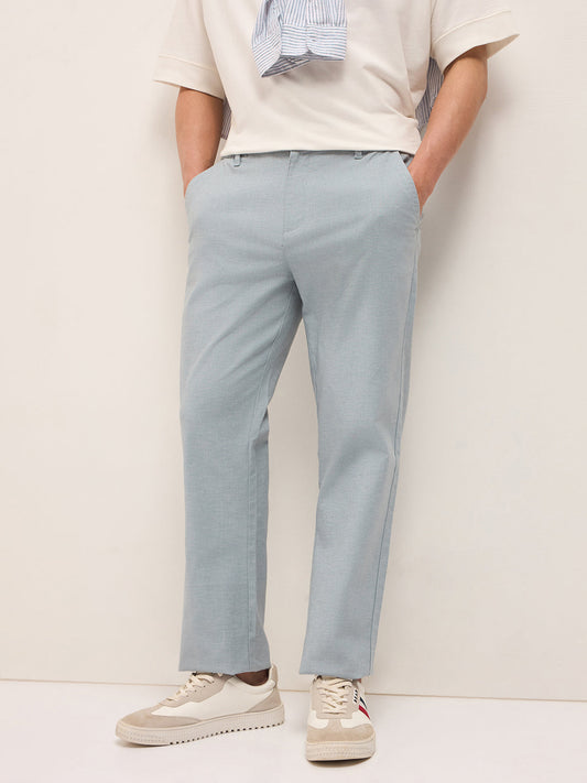 Blue Solid Straight Fit Casual Trousers with Hidden Drawstring
