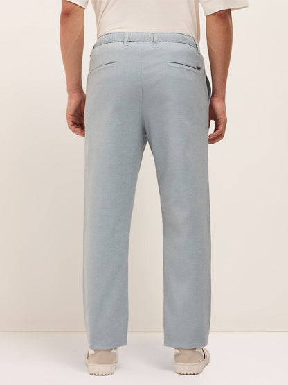 Blue Solid Straight Fit Casual Trousers with Hidden Drawstring