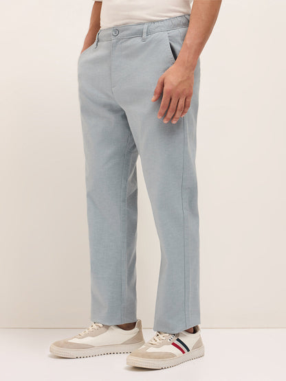 Blue Solid Straight Fit Casual Trousers with Hidden Drawstring