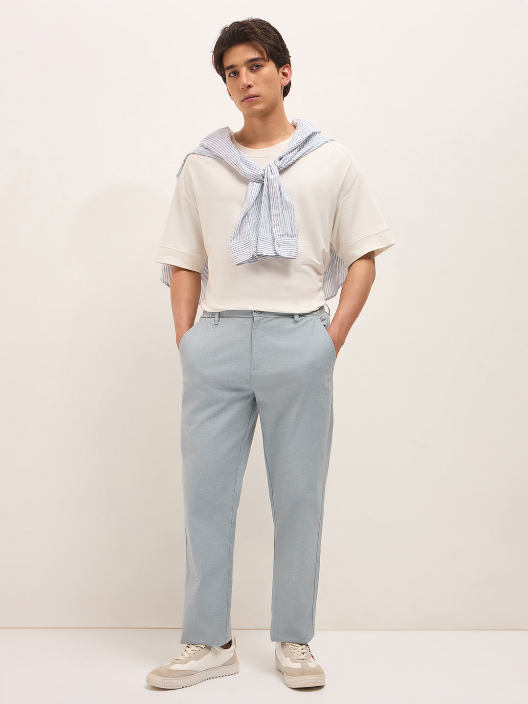 Blue Solid Straight Fit Casual Trousers with Hidden Drawstring