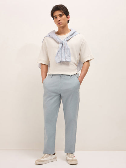 Blue Solid Straight Fit Casual Trousers with Hidden Drawstring