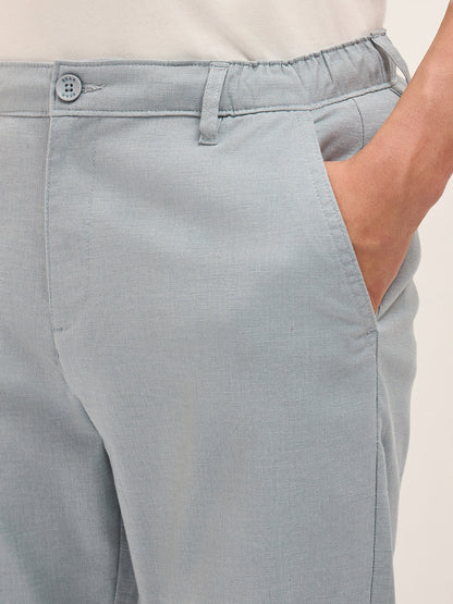 Blue Solid Straight Fit Casual Trousers with Hidden Drawstring