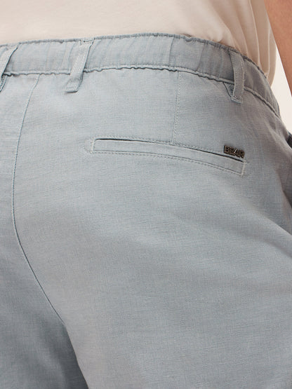 Blue Solid Straight Fit Casual Trousers with Hidden Drawstring