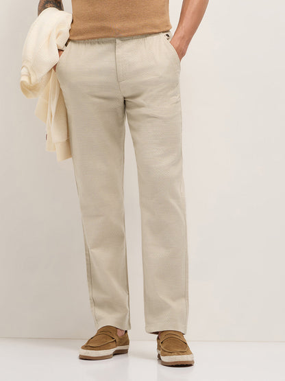 Cream Textured Straight Fit Casual Trousers with an Elasticated Waistband