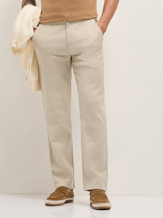 Cream Textured Straight Fit Casual Trousers with an Elasticated Waistband