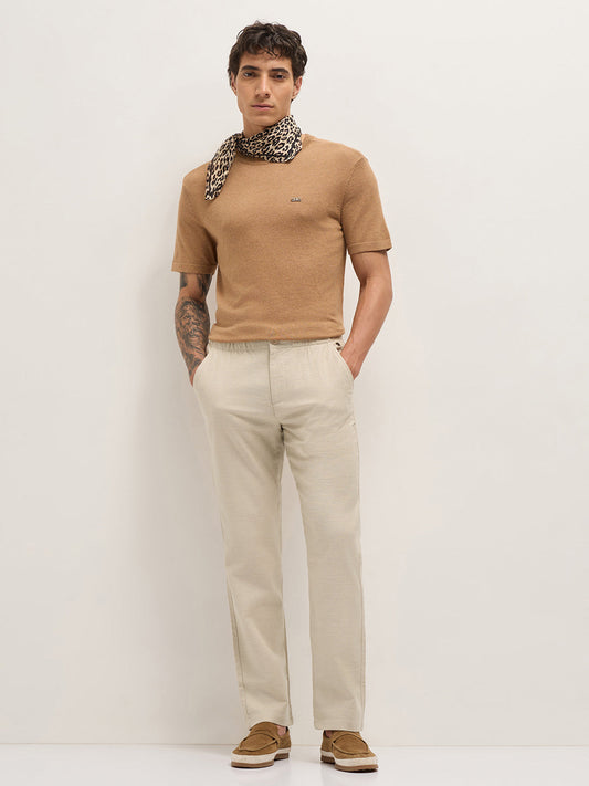 Cream Textured Straight Fit Casual Trousers with an Elasticated Waistband